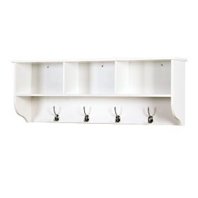 White Entryway Wall Mounted Coat Rack with 4 Dual Hooks Living Room Wooden Storage Shelf (Color: White)