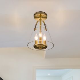 3-Light semi-flush Mount  Industrial clear Glass Ceiling light (Color: Gold)